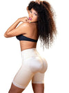 Rear view of a Model wearing a butt liter panty girdle in beige with a strapless bra. shows rear latex panel, sculpted buttocks and  and lace trimmed legs Vedette 160 Natasha