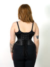 back lace up corset view of a cute corset model in a black satin waist  training corset cs201 hourglass curve