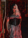 Cute model wearing a black and white wig beetlejuice costume with black mesh waist training corset 