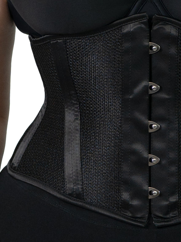 Detail view of the cs220 black sport mesh waspie waist training corset