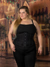 cute curvy plus size corset model wearing the cs345 waist training black mesh corset