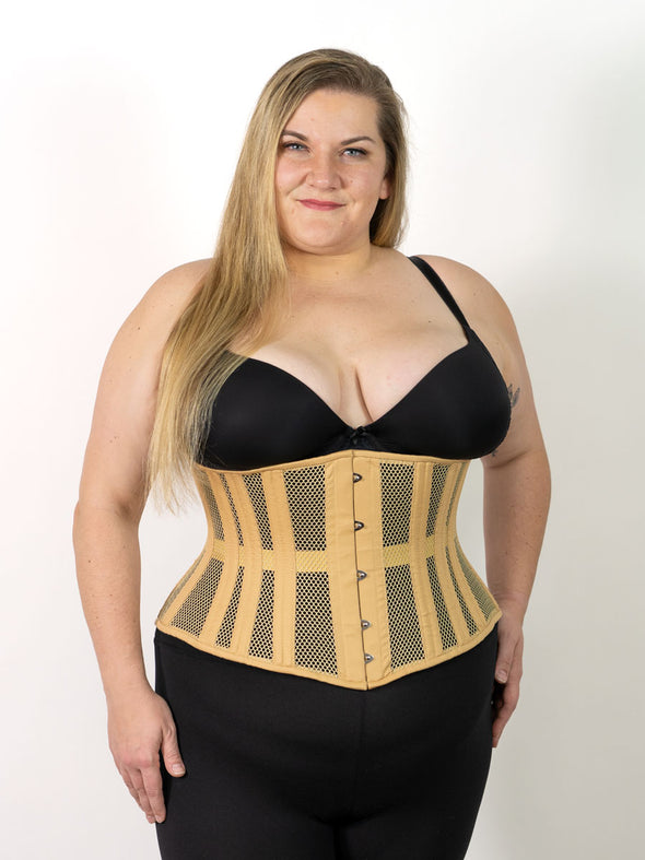 plus size corset model in a 411 longline beige mesh waist training corset