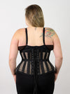 back lace up corset view product shot of the cs411 longline romantic curve corset in black mesh