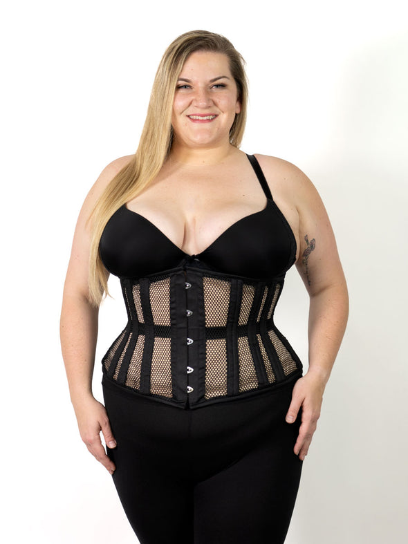 front product shot of the cs411 longline romantic curve corset in black mesh