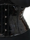 detailed view of plus size corset product shot of a black pvc latex corset on a model wearing a black bra and leggings