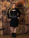 Plus sized corset model wearing the cs411 standard satin corset with a black sweater dress and boots