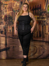 cute plus size corset model wearing the cs411 longline black mesh waist training corset 