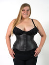 plus size black corset on a model wearing the cs426 longline hourglass curve waist training corset with a black bra and leggings