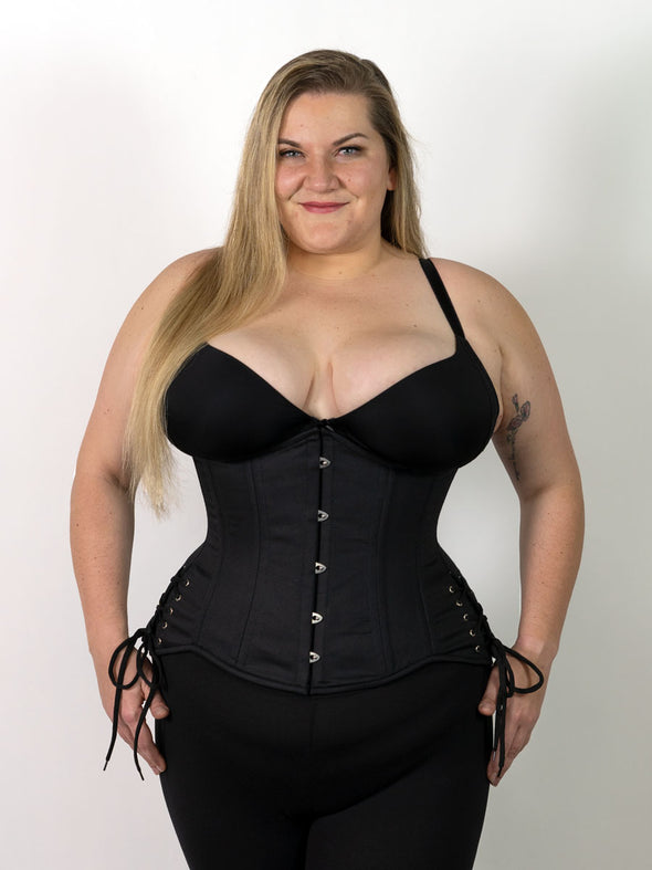 426 longline plus size black cotton corset with hip ties product shot 