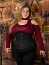 cute plus size smiling model wearing a 426 black cotton longline waist training corset in a festive scene