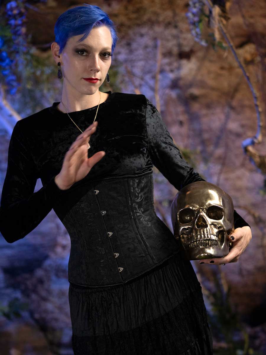 Black Brocade Gothic Burlesque LONGLINE Corset Overbust Top – CorsetsNmore