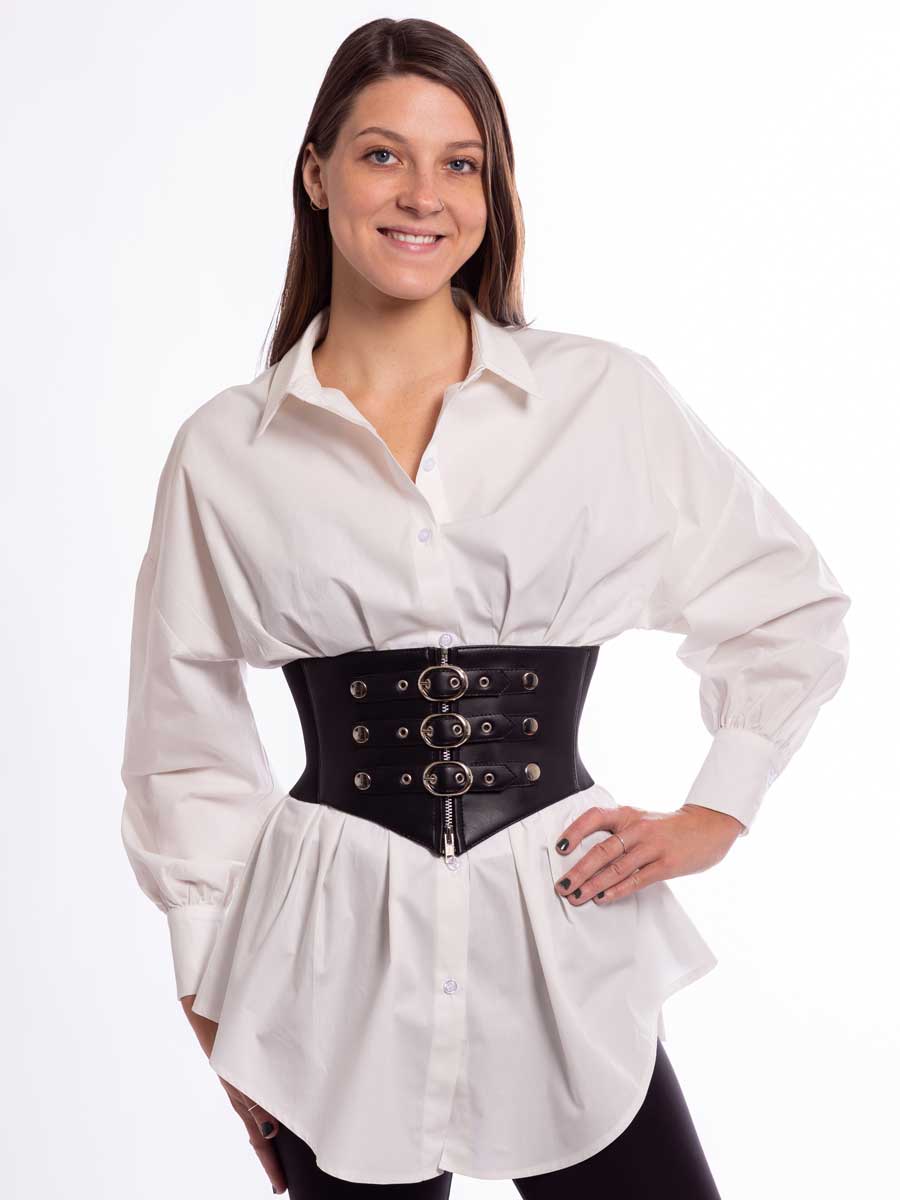 Black and White Corset Zipper Leather Steampunk Costume Overbust -   Canada