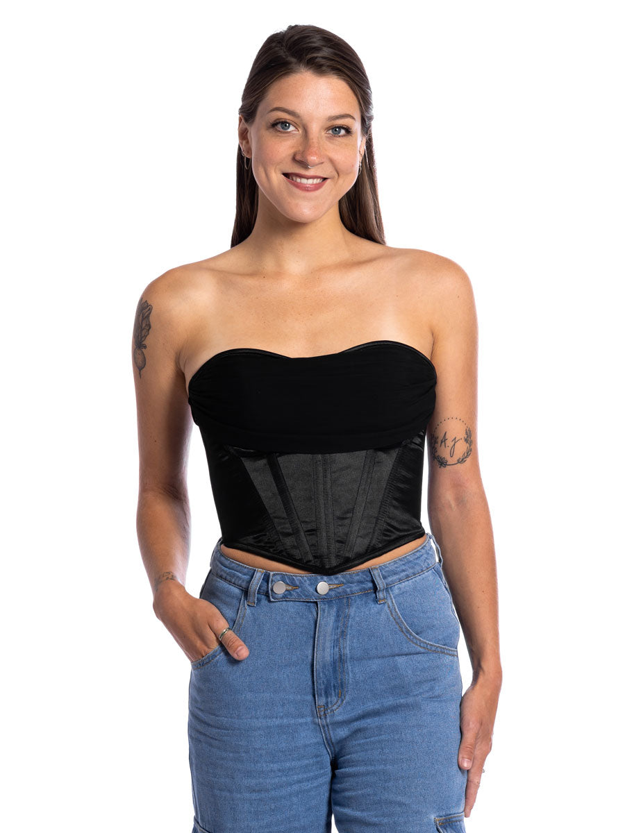 New Black Satin Corset top with Chiffon draped neckline by Orchard Corset